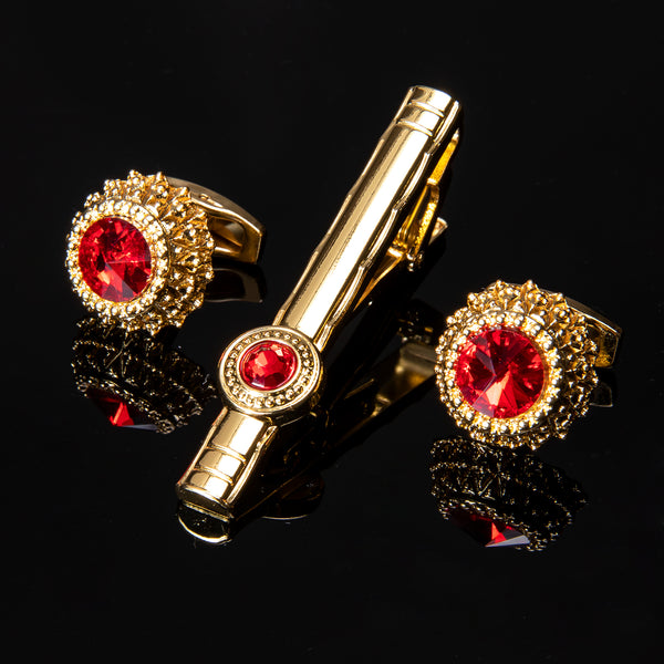 Lacquered Metal Golden with Single Red Imitated Crystal Striped Tie Clip Cufflinks Set