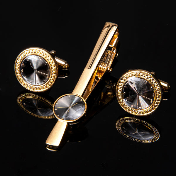 Lacquered Metal Golden with Black Dial Striped Tie Clip Cufflinks Set