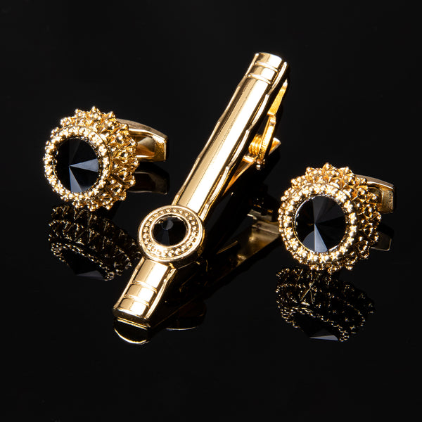 Lacquered Metal Golden with Black Imitated Crystal Striped Tie Clip Cufflinks Set