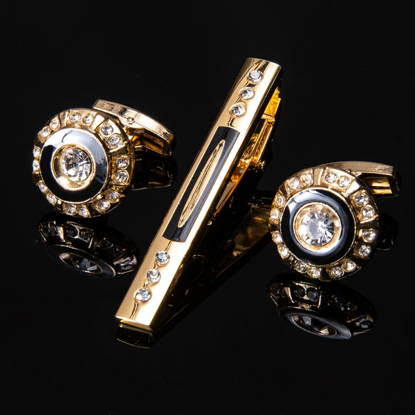 Lacquered Metal Golden with Little White Imitated Crystal Striped Tie Clip Cufflinks Set
