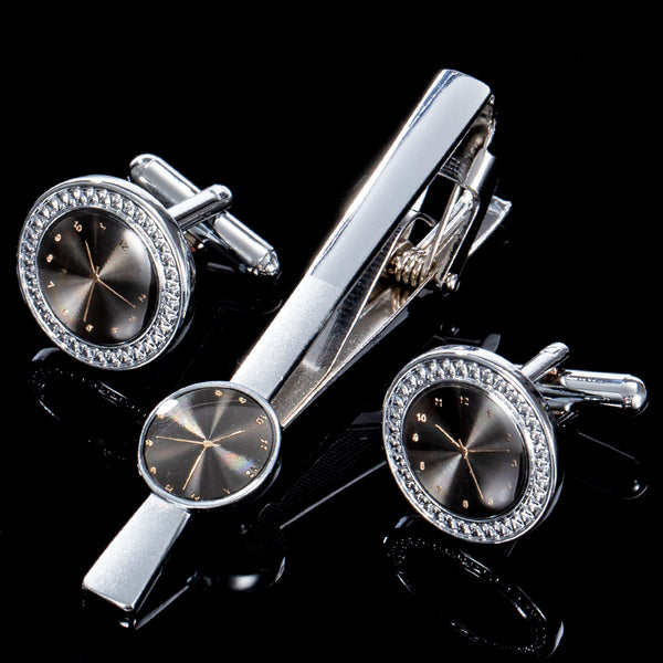 Ties2you New Black Circle Dial Novelty Silver Color Tie Clip Cufflinks Set