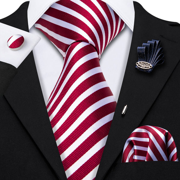 White Red Striped Men's Necktie Pocket Square Cufflinks Set with Lapel Pin