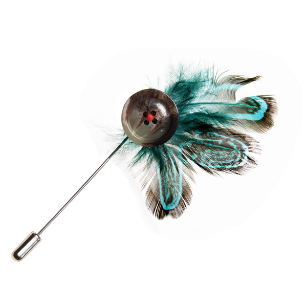 Ties2you Button with Lake Blue Artificial Feather Novelty Men's Accessories Lapel Pin
