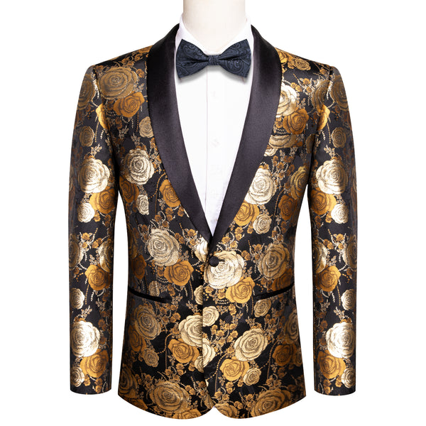 Fashion Black Golden Rose Floral Novelty Men's Suit
