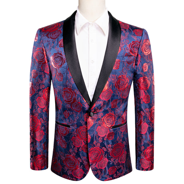 mens fashion design blue red rose floral Shawl Collar silk mens dress suit