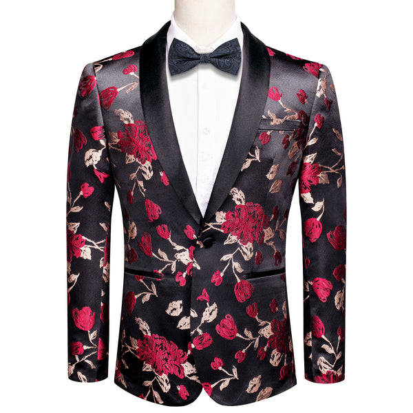 Black Red Embroidered Floral Men's Suit for Party
