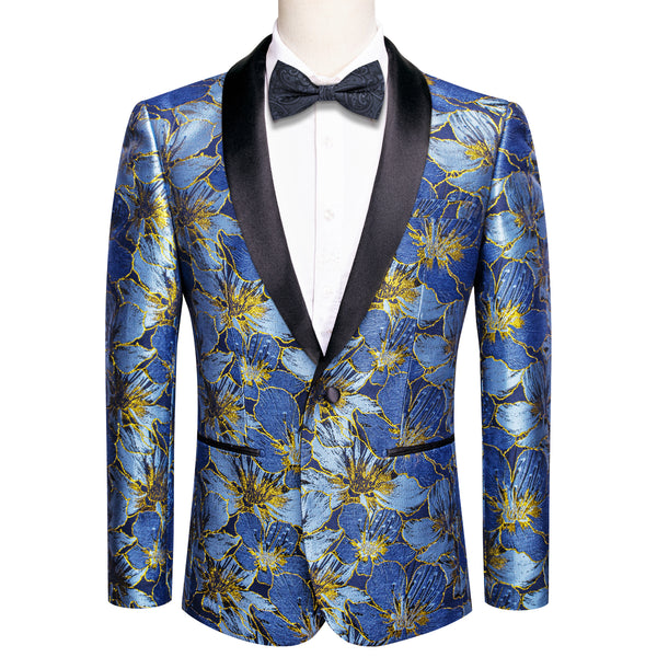 Blue Yellow Embroidered Floral Men's Suit for Party