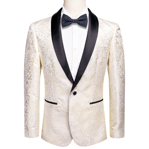 Champagne Embroidered Floral Men's Suit Black Collar for Party