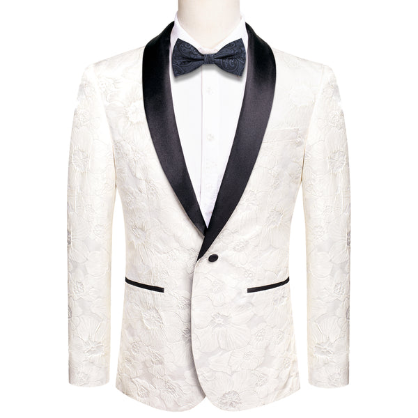 White Embroidered Floral Men's Suit Black Collar for Party