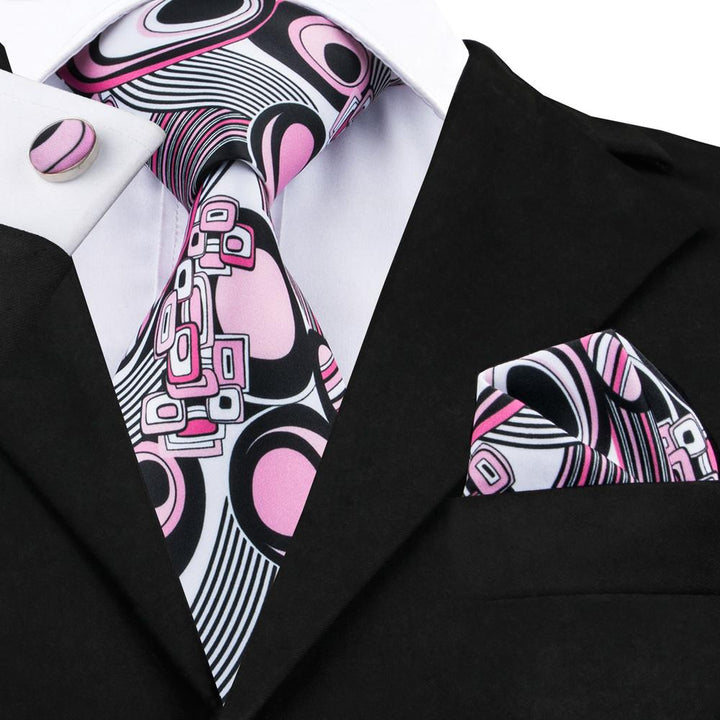 Black Pink Novelty Silk Men's Tie Hanky Cufflinks Set